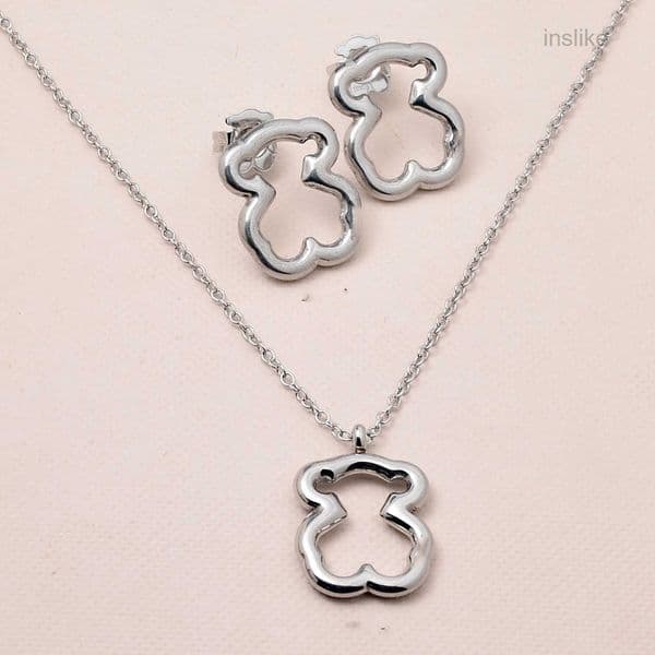 Silver Fashion Women Men Gold Stainless Steel Bear Cartoon Amimal White Pearl Star Heart Pendant Necklace Earrings Sets Jewelry