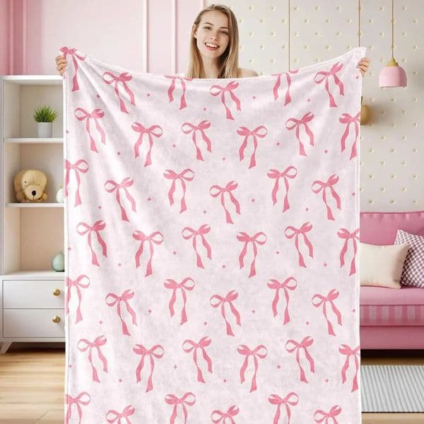 Pink Bow Fuzzy Flannel Blanket Cute Bowknot Soft Cozy Throw for Valentines Day Bed Sofa Office Travel Home Decor Valentine Gift 260114