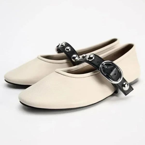 Ballet Flats for Ladies Spring Rivet Buckle Strap Soft Leather Women Footwear Light Comfortable Leisure Female Shoes 260114