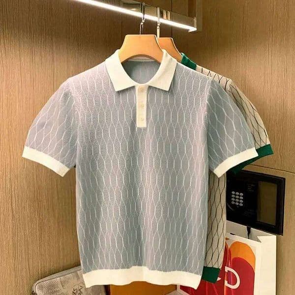 Summer Men Knitted Polo Short Sleeve Plaid T Shirts Tops High Standard LEEGO LENS