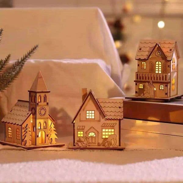 Valentine's Day DIY Merry Decorations Mini Wooden House Luminous Cabin Christmas Tree Hanging Xmas Ornaments New Year Kids Gift 26Y0115