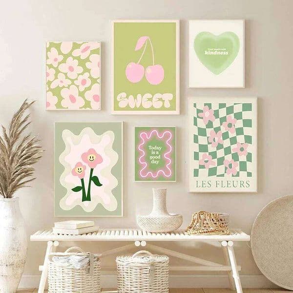 Boho Heart Fashion Wall Art Colourful Cherry Pink Green Canvas Painting Flower Market Cozy Living Room Gallery Poster 26L0115