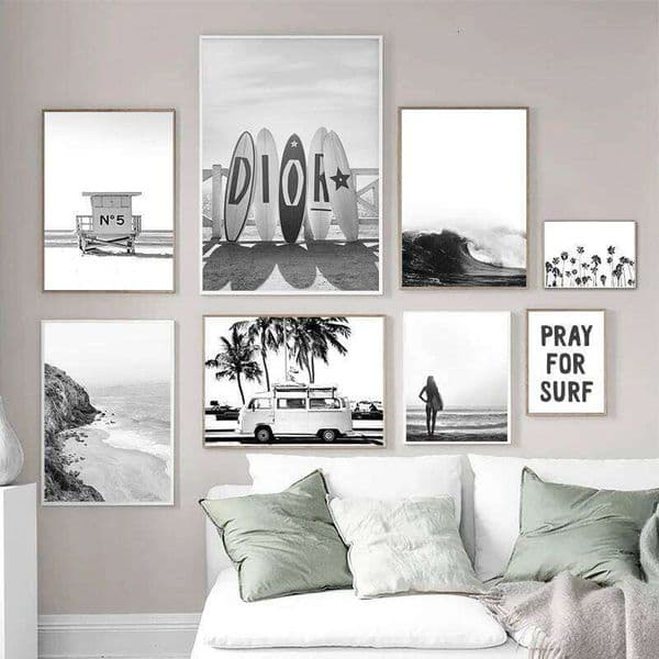 Black and White Palm Tree Beach Landscape Photography Poster Canvas Painting Surf Coastal Wall Art Prints Living Room Home Decor 26L0115