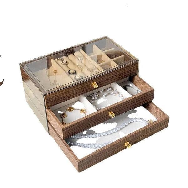 Three-Layer Walnut Storage Box Drawer Style Fashion Jewelry Organizer For Earrings, Rings, Necklaces, And Accessories