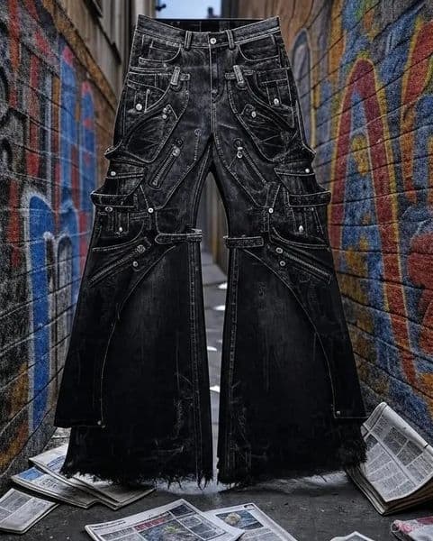 Streetwear Goth Punk Multi-Pocket Cargo Jeans Mens Black Distressed Flared Denim Pants with Straps Zippers Studs Frayed Edges 260114