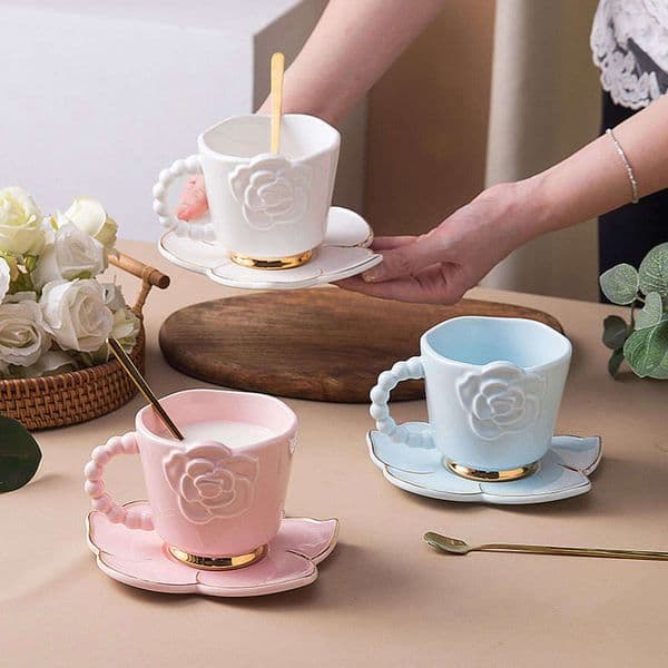 Ceramic Coffee Mug Drinking Vessel, Handmade Creative Floral Camellia Artisan Cup With Saucer In Blue Pink White, Decorative Afternoon Tea Set Gift B2