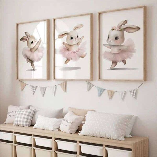 3pcs Cute Ballerina Bunny Ballet Canvas Posters Woodland Animal Print Painting Girls Room Rabbit Wall Art Nursery Decor 26L0115