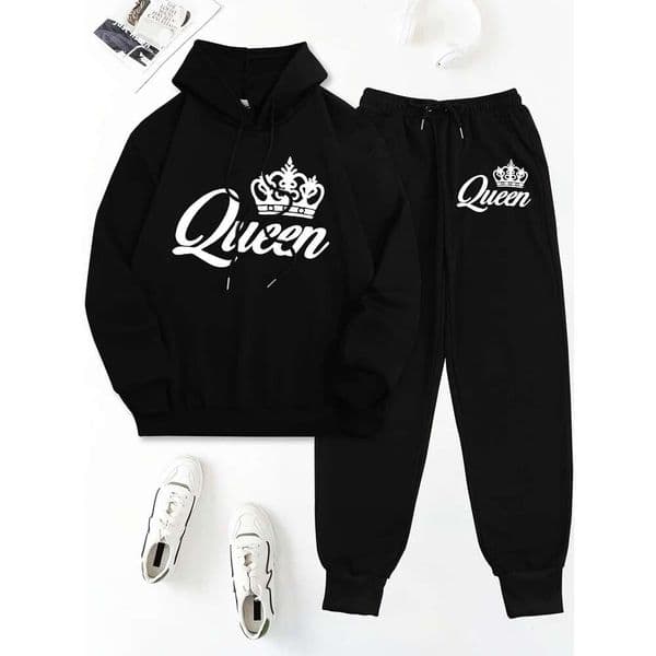 2Pcs Printed Hooded Top And Pants Set, Women's Clothing