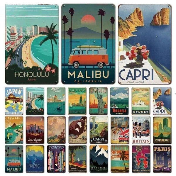 Vintage Travel Cities Metal Tin Signs PARIS IMALIBU CHICAGO Iron Painting Retro Posters Home Wall Art Decor Room Decoration 26W0115