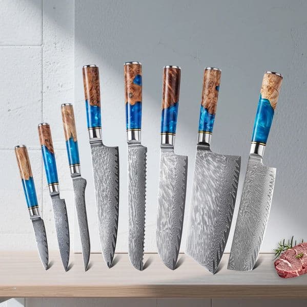 Kitchen Knives-Set Damascus Steel VG10 Chef Knife Cleaver Paring Bread Knife Blue Resin Handle set 260114