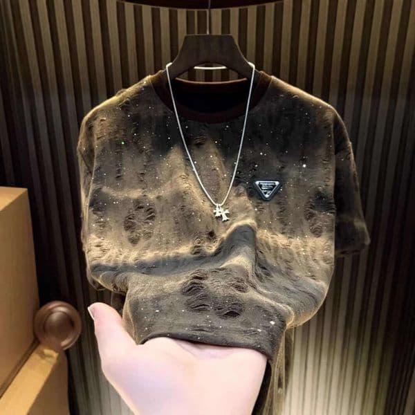 Men's T-shirts Men's Tees Polos Ripped Starry Sky Men's Short Top Hot-selling Light Meteor Half Sleeve Round Neck Trendy Fashion Men's Clothing