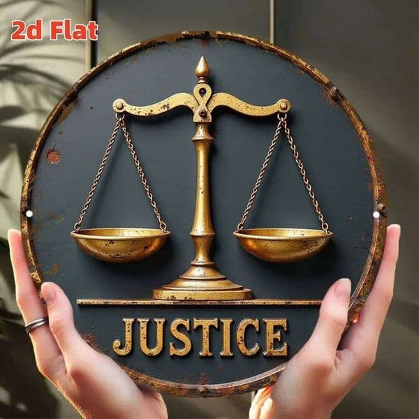 7.79x7.79" 2D Flat Vintage Justice Metal Wall Art - Rustic Aluminum Sign with Golden Scales & Sword, Decor for Home 26W0115
