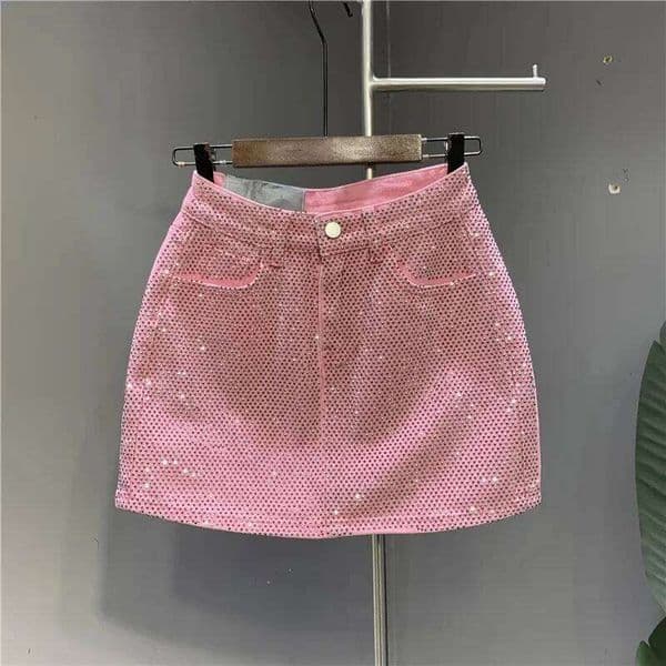 Heavy Industry Hot Drilling High-End Denim Spring And Summer New High Waist Pink Sexy A-Word Skirt LEEGO LENS