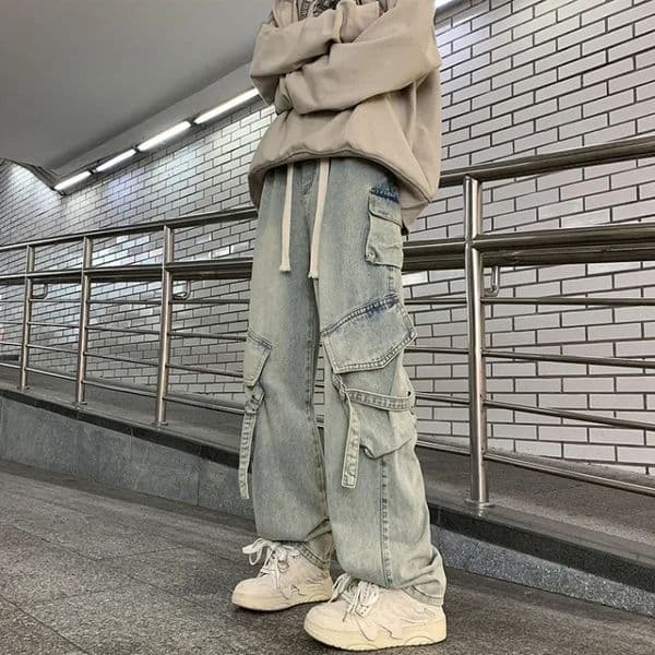 American Style Streetwear Mens Jeans Multi-Pocket Loose Straight-Leg Wide-Leg Spring Autumn Arrival Long Pants 260112BJ