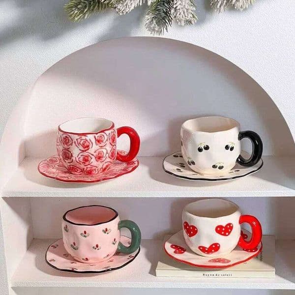 Ceramic Coffee Mug Set HandPainted Red Heart Design Irregular Shape with Saucer Drinking Utensils for Office Desk Kitchen Use Outdoor Leisure Thermos Cu