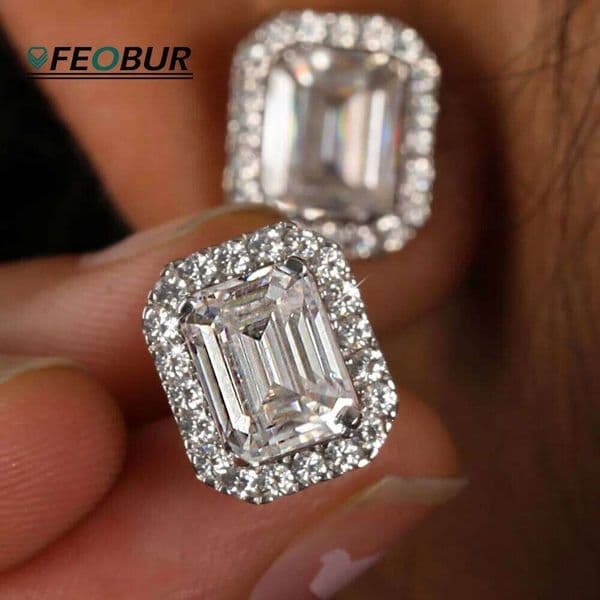Valentine's Day FEOBUR 0.5/1/2ct Emerald Cut Halo Moissanite Stud Earrings 925 Diamond Rectangular Earring Women Bri 26H0115