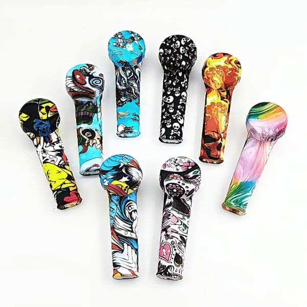 Cartoon 3.5" Silicone Smoking Pipes Dry Herb Tobacco FDA Hand Spoon Pipe Customized Printings Lid Metal Pot Bowl Factory Wholesale