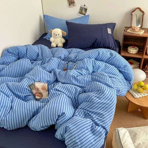 Bedding Set INS Blue Stripe Style Duvet Cover Pillowcase with Bedsheet Home Bedclothes Boys Girls Room Bed Sheet Sets 26Y0116