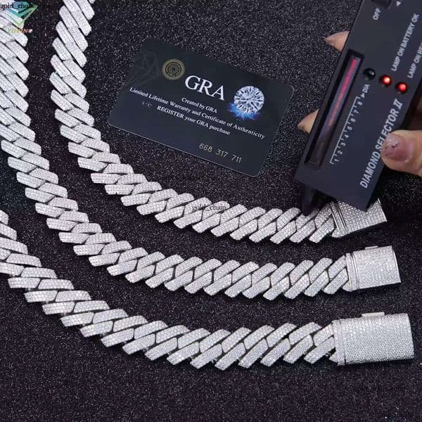 designer chain silver necklace IGI hip hop jewelry 15mm wide 2rows link chains vvs moissanite white gold plated sterling sier cuban bracelets 64