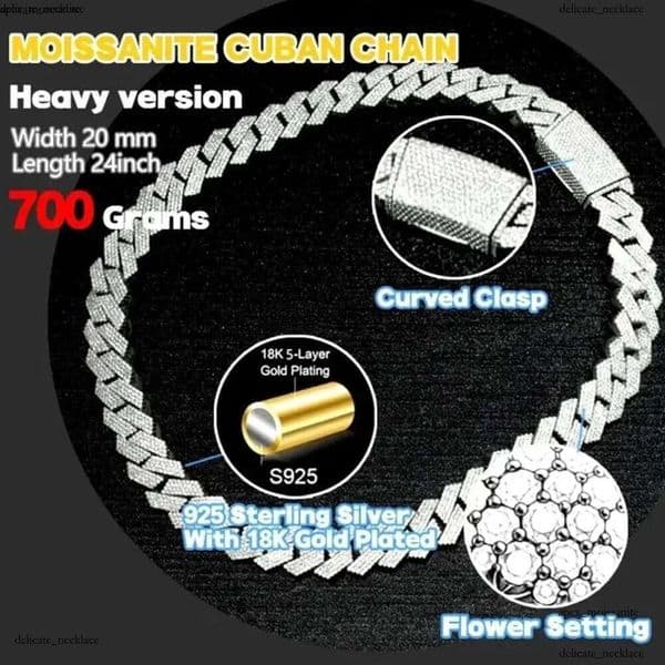 IGI Hip Hop Rapper Mossanite Necklace Jewelry Vvs Sterg Sier 20mm Black Dia Moissanite Cuban k Chain