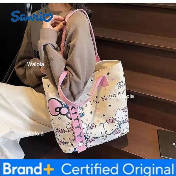 Sanrio Anime character Hello Kitty Large capacity tote Fashionable canvas handbag Kawaii Portable Shoulder Cosmetic storage bag H260116