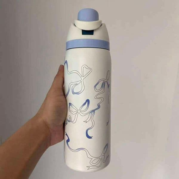 32oz Owa Stainless Steel Insulated Bottle with Straw And Ribbons, BPA-Free Sports Water bottle for Men and Women, Portable 26W0116