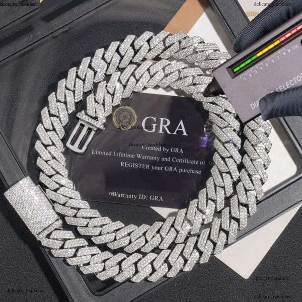 14mm 18-24inch Fine Jewelry IGI Ice Out Flashing Mossanite Dia Necklace Sterling Sier VVS Moissanite Link Cuban Chain Bracelet 98