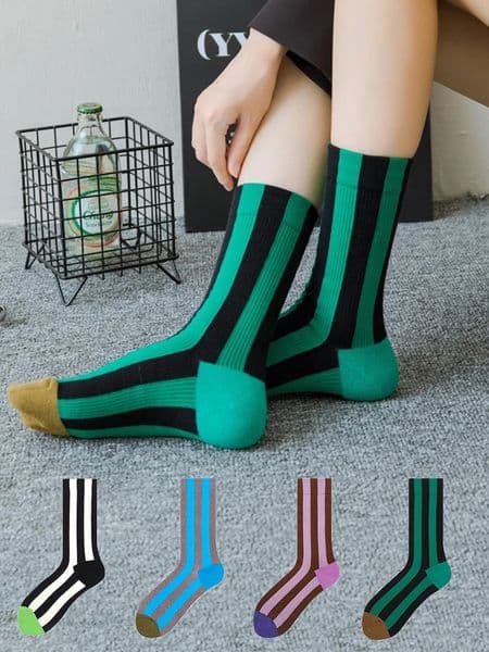 2 Pairs Of Mens And Womens Autumn And Winter Fashion Trend Contrasting Stripes Retro Mid Tube Socks 260109BJ