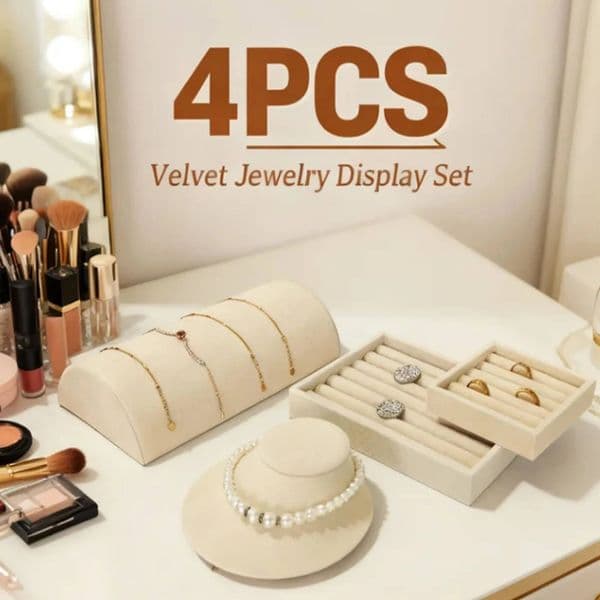 4 Pcs Beige Jewelry Display Set Velvet Necklace Bust Half Moon Bracelet Organizer Ring Holder Box ddmythur