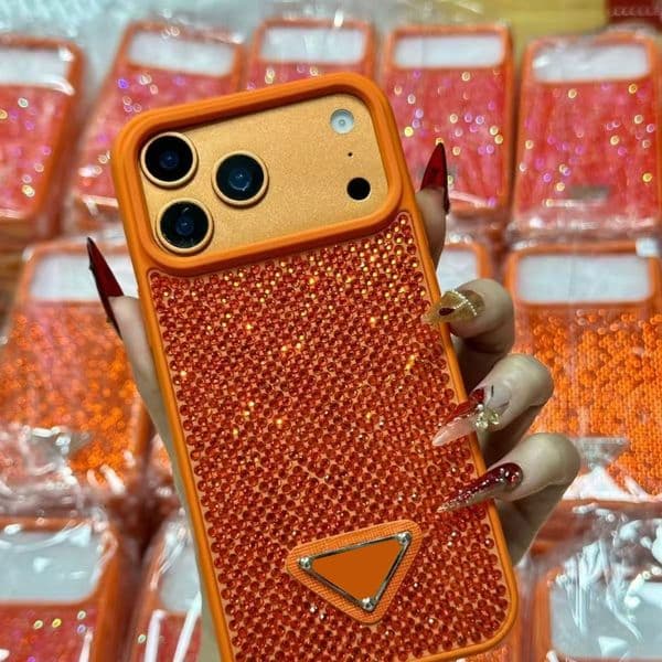 Luxury Glitter Phone Cases For Iphone 17 Pro Max 16 15 14 13 14Pro Fashion Designer Bling Sparkling Rhinestone Diamond Jewelled 3D Crystal Women Back Cover Red Orange