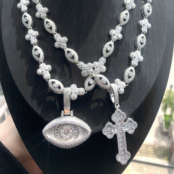 Mens Hip Hop Punk Iced Out Cross Eye Pendant Necklace Cubic Zirconia Full Diamond Chain