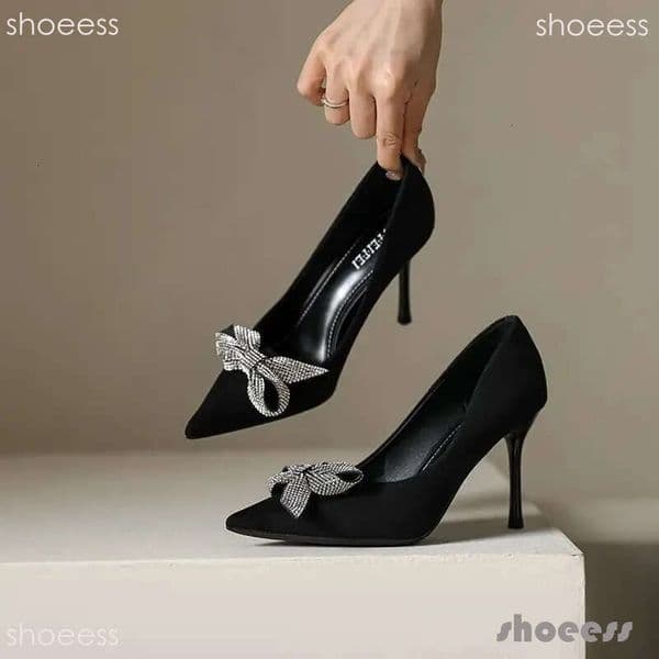 Ladies Summer Footwear Stilito High Heels Shoes for Women Office Black Pointed Toe Pumps with Bow on Heeled Trend Promotion 0615