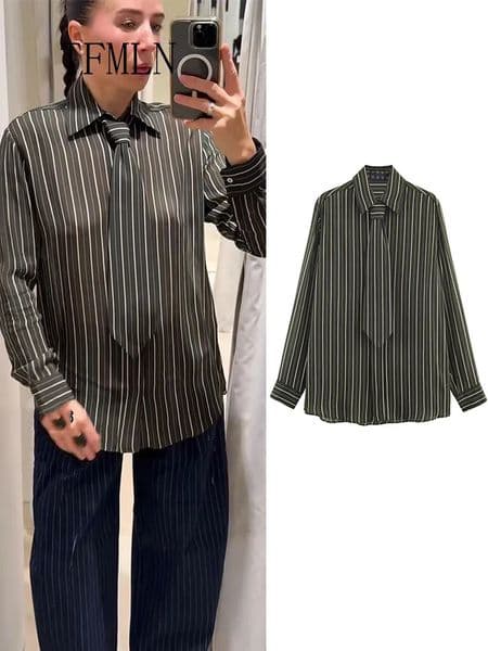 TFMLN Fashion 2026 Women Striped Tie Blouses Simple Single Breasted Loose Shirts High Street Long Sleeve Casual Tops 260109BJ