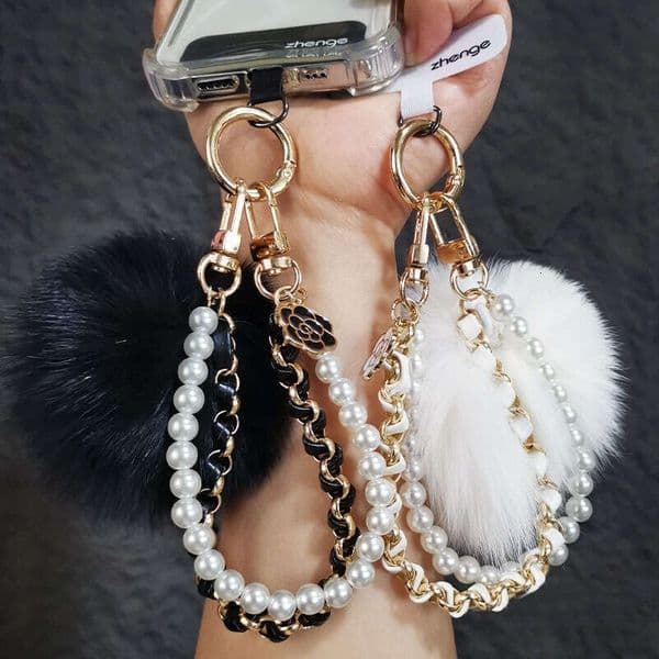 Pearl Pom-Pom Wrist Strap - Ins Style Short Lanyard with Camellia Charm for Women's Phone Cases & Bags Shockproof phone case