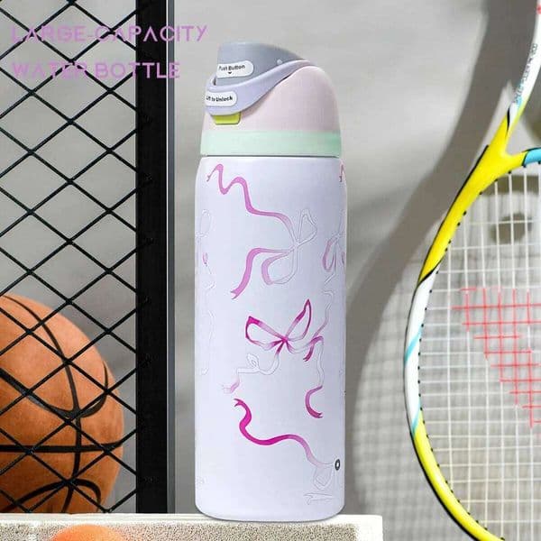 Double-drink insulated stainless steel outdoor sports bottle,32oz/945ml, leak-proof,pink bow travel water cup 26W0116