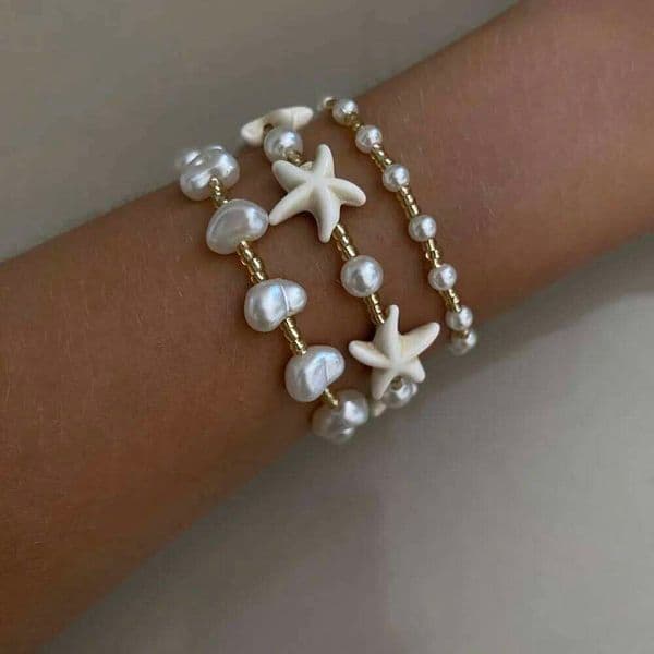 Valentine's Day 3pcs/set Fashion Bracelets For Women Vintage Shell Starfish Imitation Pearl Beads Handmade Chain Jewelry Vacation Gi 26W0116