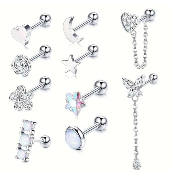 Valentine's Day Drperfect Stud for Women Stainless Steel Cartilage Hoop Earring Heart Flower Chain Dangle CZ Piercing Jewelry 26H0115