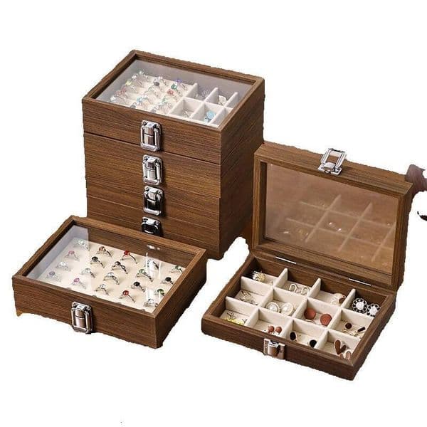 Walnut Box Small Portable Jewelry Ring Necklace Earring Storage Dustproof Moistureproof