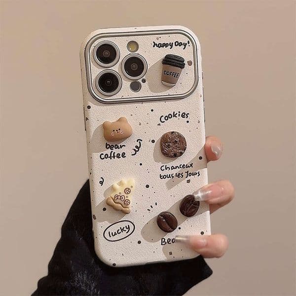 Phone Case Ink Splash 3D Coffee Bear Leather Case for iPhone 17 16 Pro Max Cute