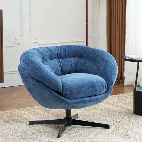 Modern Chenille 360° Swivel Accent Chair with Removable Cushion, Round Chair, Black Metal Base, Cotton Material, Living Room, Bedroom, Reading Corner, Office 2004