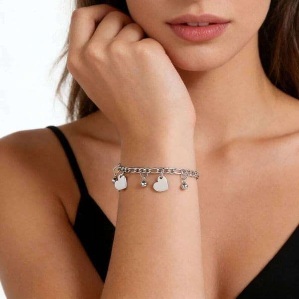 Valentine's Day Skyrim Heart Beads Charm Bracelet Women Stainless Steel Gold Color Figaro Chain Bracelets Trendy Jewelry Valentine's 26W0116