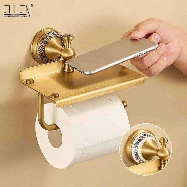 Brass Paper Wall Mount Brushed Gold Toilet Tissue Holder with Cell Phone Storage, Antique Bronze EL86W 26Y0117