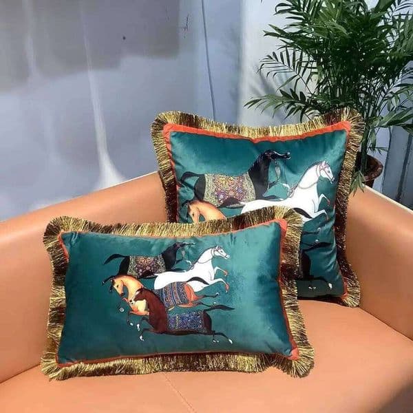Pillow Case Double-Sided Waist Cushion Cover, Luxury Horse Pillowcase, Sofa Decoration, Retro Tassel, Square, Living Room 26Y0117