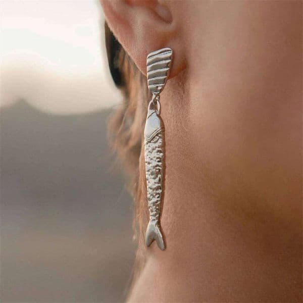 Titanium Small Fish Retro Artistic Style Long Earrings, Stainless Steel Gold Color Preserving Jewelry