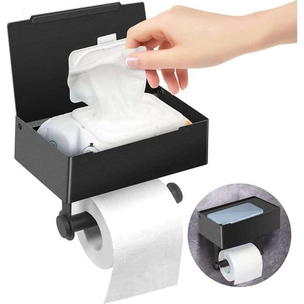Matte Black Storage, AmapleL Toilet Paper Holder with Shelf, Adhesive Wall Mount Flushable Wipes Dispen 26Y0117
