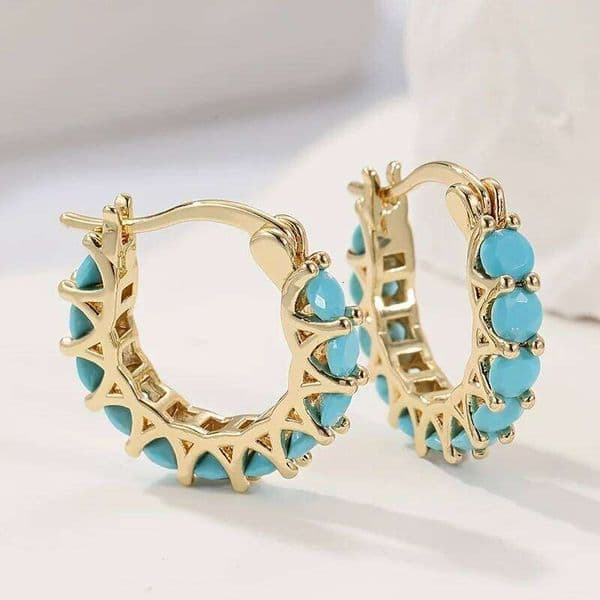 Luxurious Craftsman Inlaid Bohemian Geometric Hoop Earrings with Blue-Green Stones