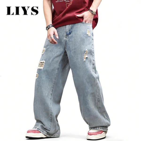 LIYS American Retro Mens Ultra Baggy Wide Leg Jeans High Street Oversized Loose Ripped Denim Pants Light Color Simple 251230BANJIA