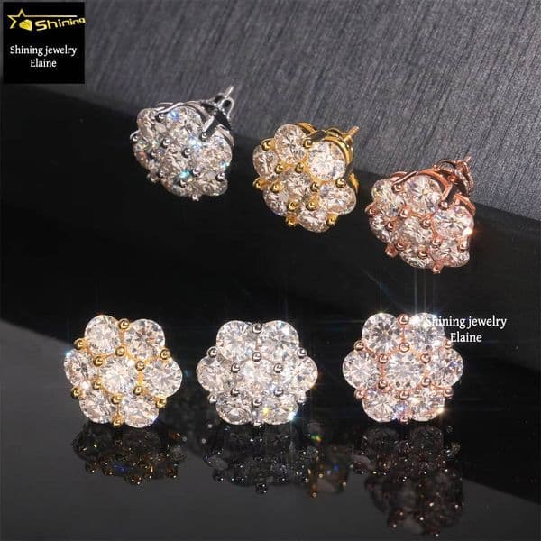 Hip Hop Flower Luxury Jewelry Pass Diamond Tester VVS Moissanite Iced Out 925 Silver Stud Earrings