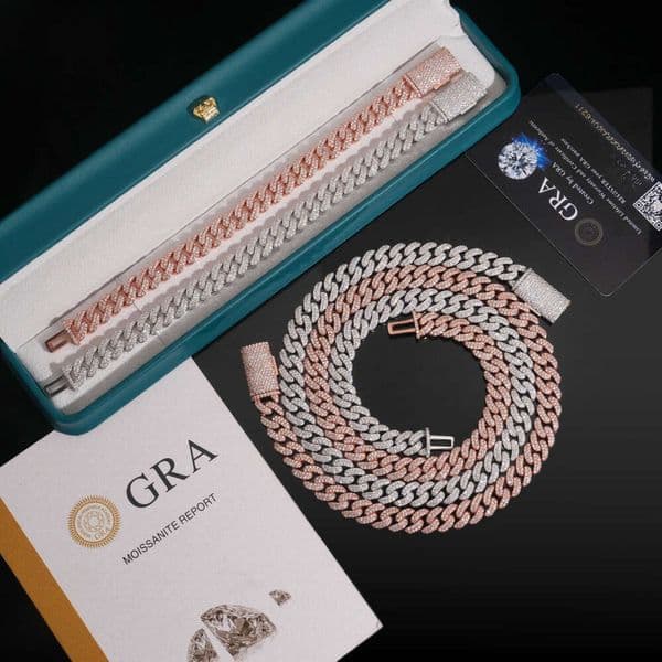 Wholesale Price Pure Silver 925 Rose Gold 10mm 12mm 13mm Iced VVS Moissanite Cuban Chain Necklace