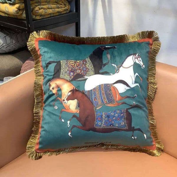 Pillow Case 2026 New Double-Sided Waist Cushion Cover, Luxury Horse Pillowcase, Sofa Decoration, Retro Tassel, Square, Living Room 26H0117